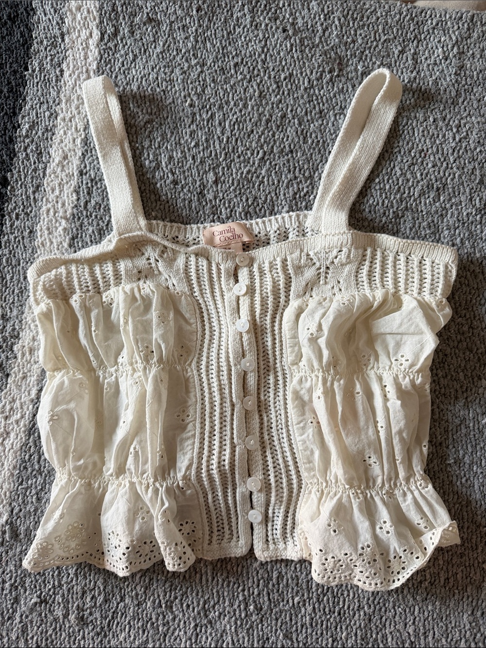 Camila Coelho Cream Eyelet Knit Button-Front Tank
